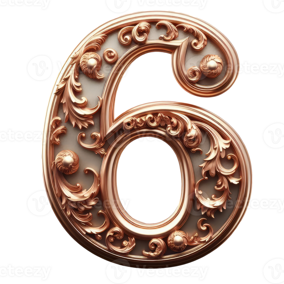 The number six is made of gold and has a floral design png