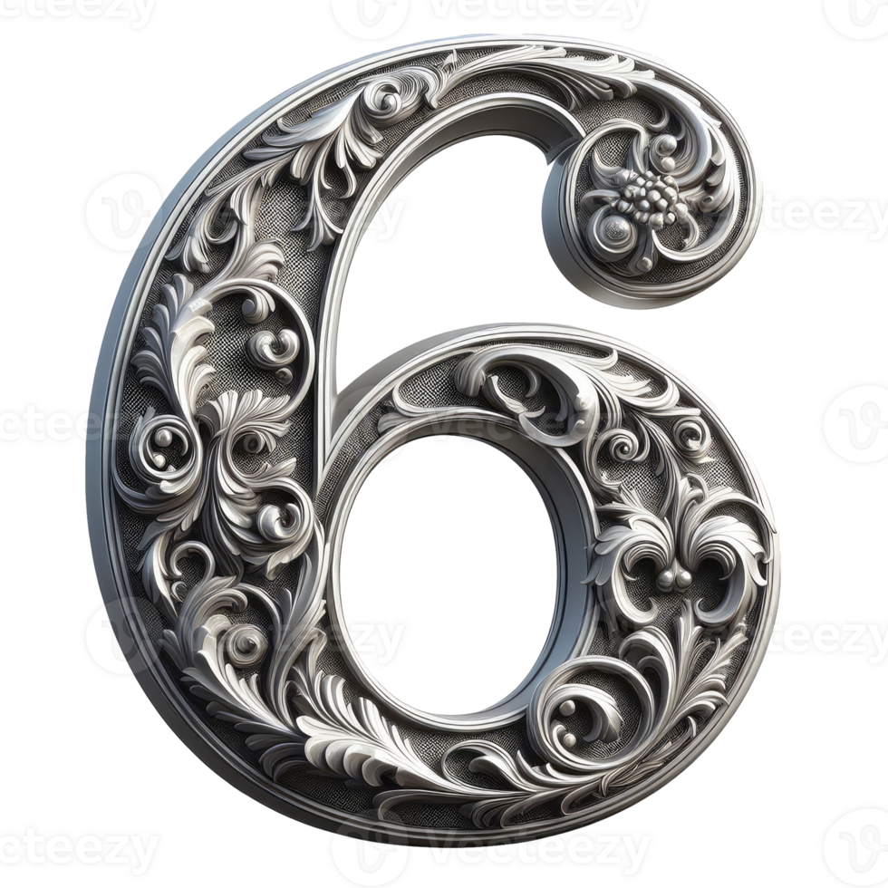 The number six is made of silver and has a swirl pattern png