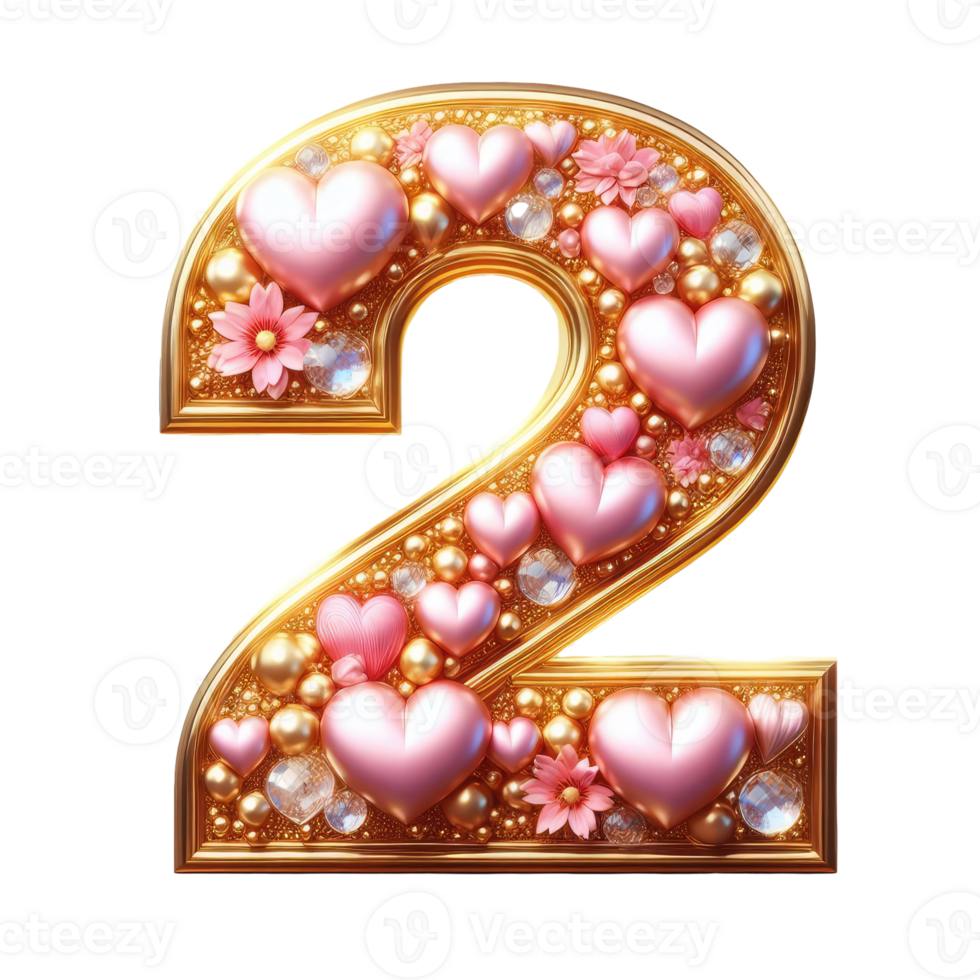 The number two is made of gold and pink hearts png