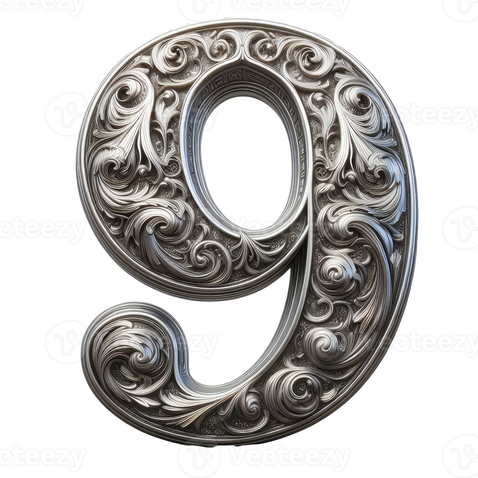 The number 9 is made of silver and has ornate designs png