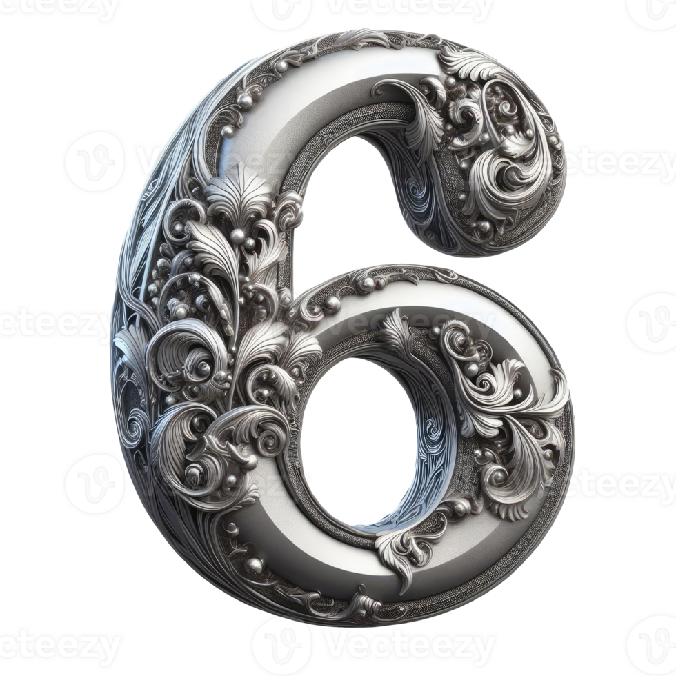 The number 6 is made of silver and has a swirl design png