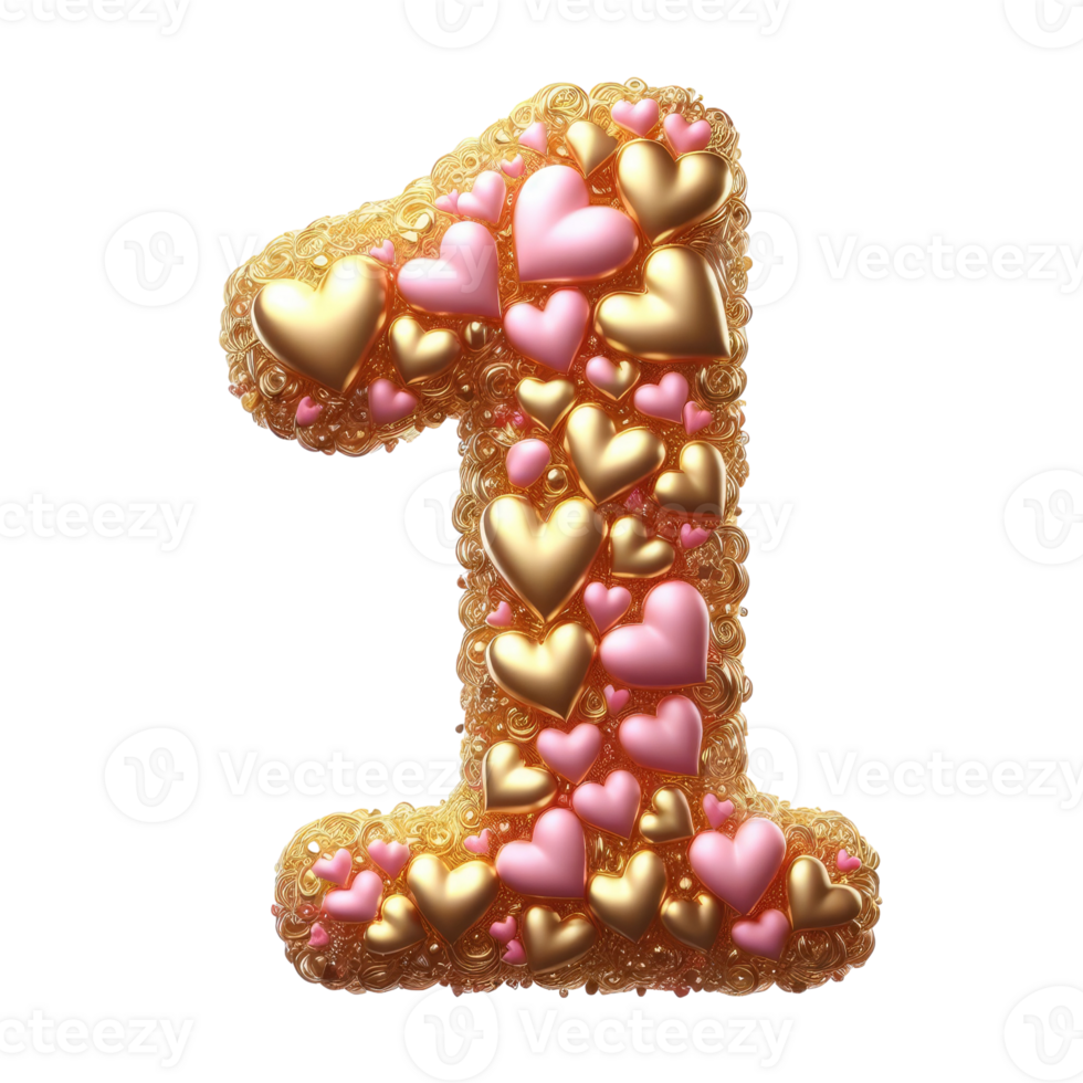 The number one is made of gold and pink hearts png