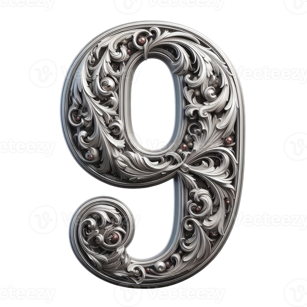 The number 9 is made of silver and has a swirl pattern png