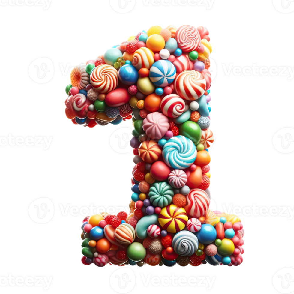 The number one is made up of many colorful candies png