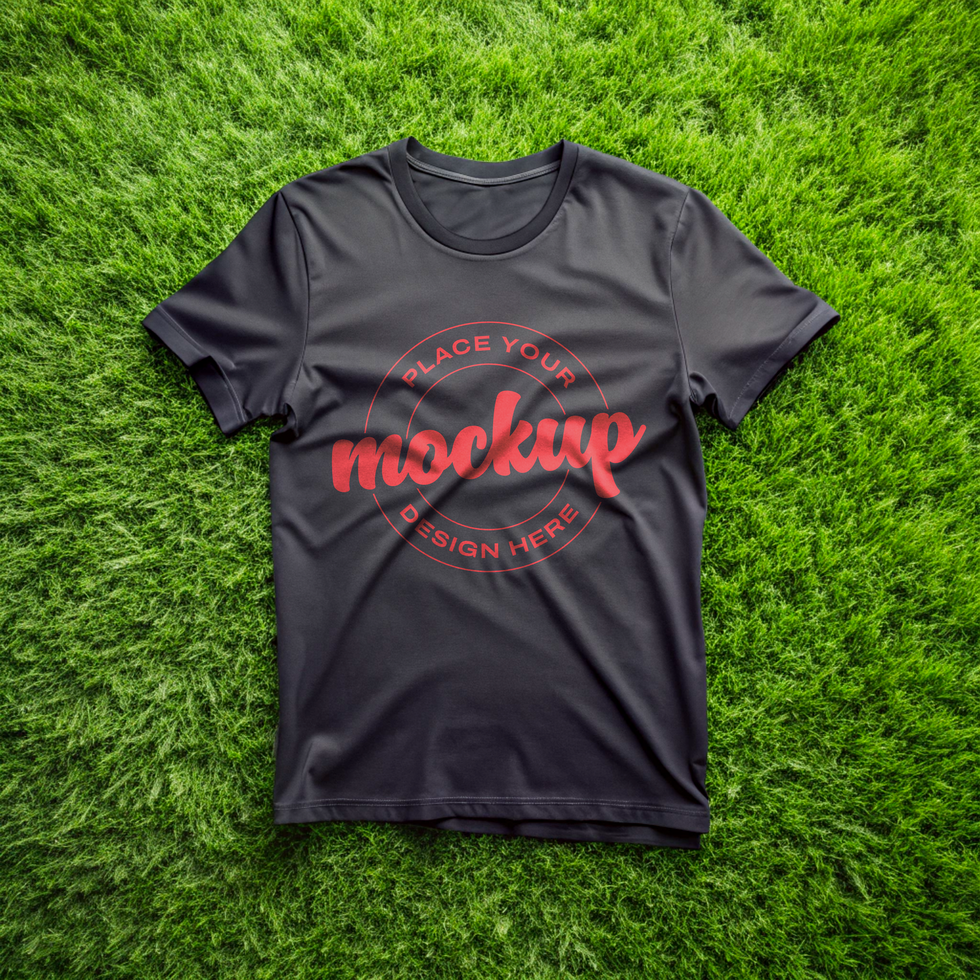 Realistic Black Blank T Shirt Front Side Mockup on Grass psd