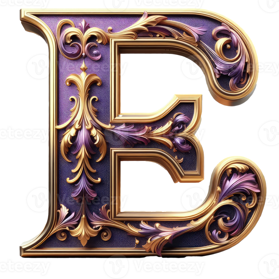 The letter e is made of gold and purple png