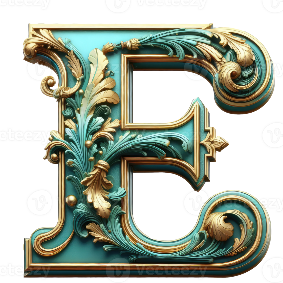The letter e is made of gold and turquoise png