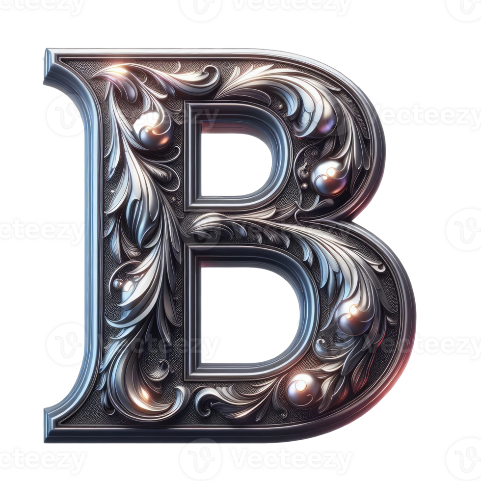 The letter b is made of silver and has a floral design png