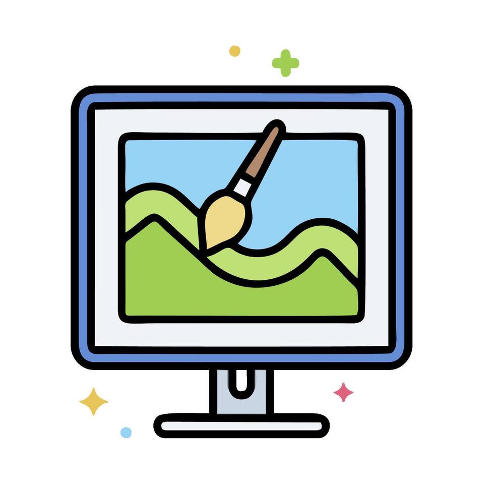 a computer monitor with a brush and paint on it vector