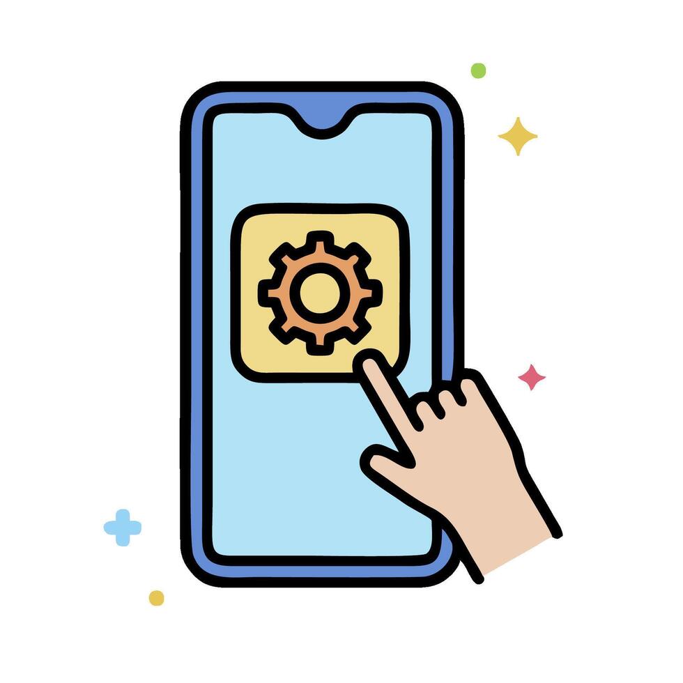 a hand pressing a button on a phone with gears on it vector