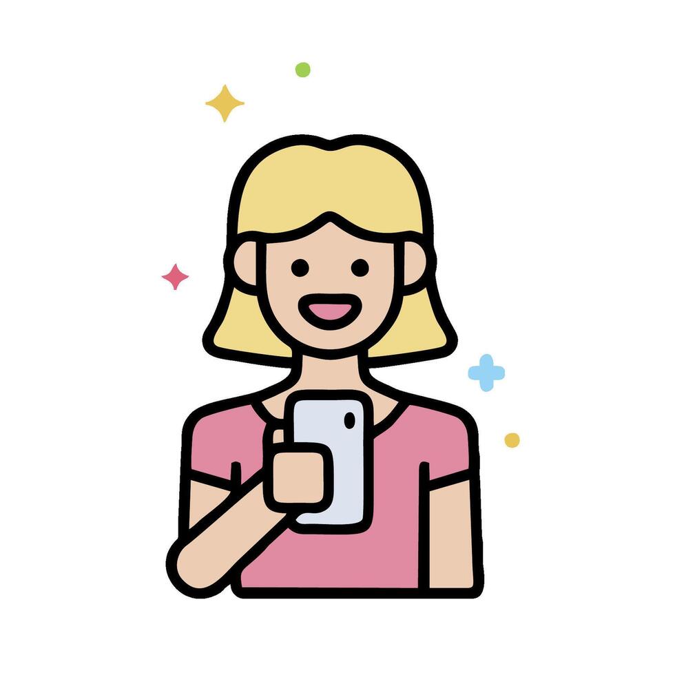 a woman holding a cell phone and smiling vector