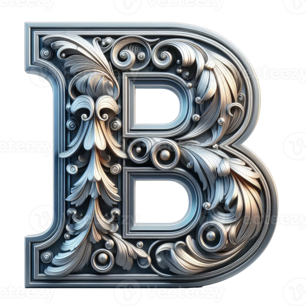 The letter b is made of silver and has ornate designs png
