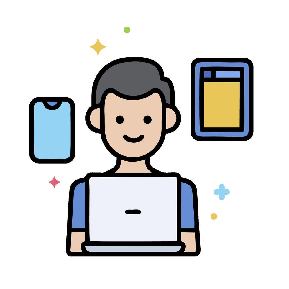 a man with a laptop and phone in front of him vector
