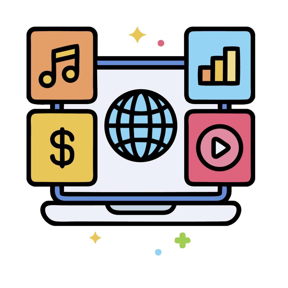 an icon of a laptop with music, music, and other icons vector