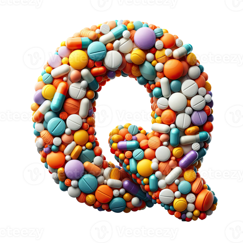 The letter q is made up of many colorful pills png