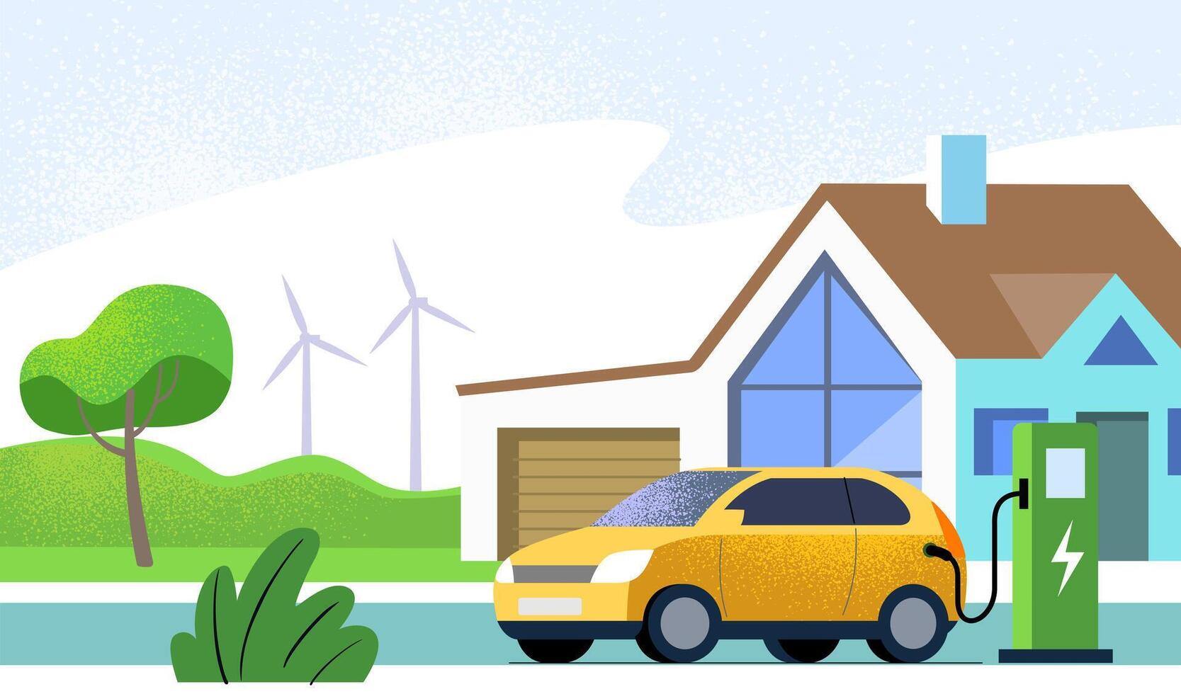 Electric car parking charging near family house with box charger station. flat vector