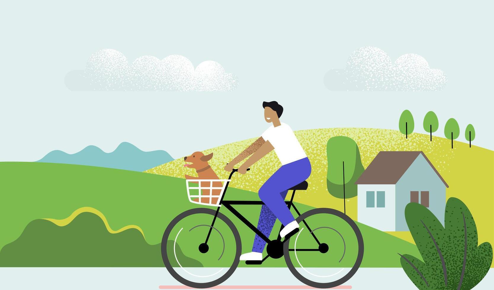 man rides bicycle through landscape on a sunny day. flat vector