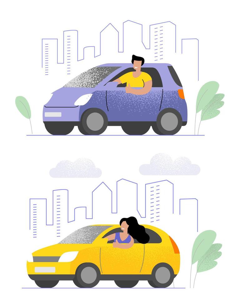 Happy man and woman are riding in car against backdrop of city. Flat style. vector