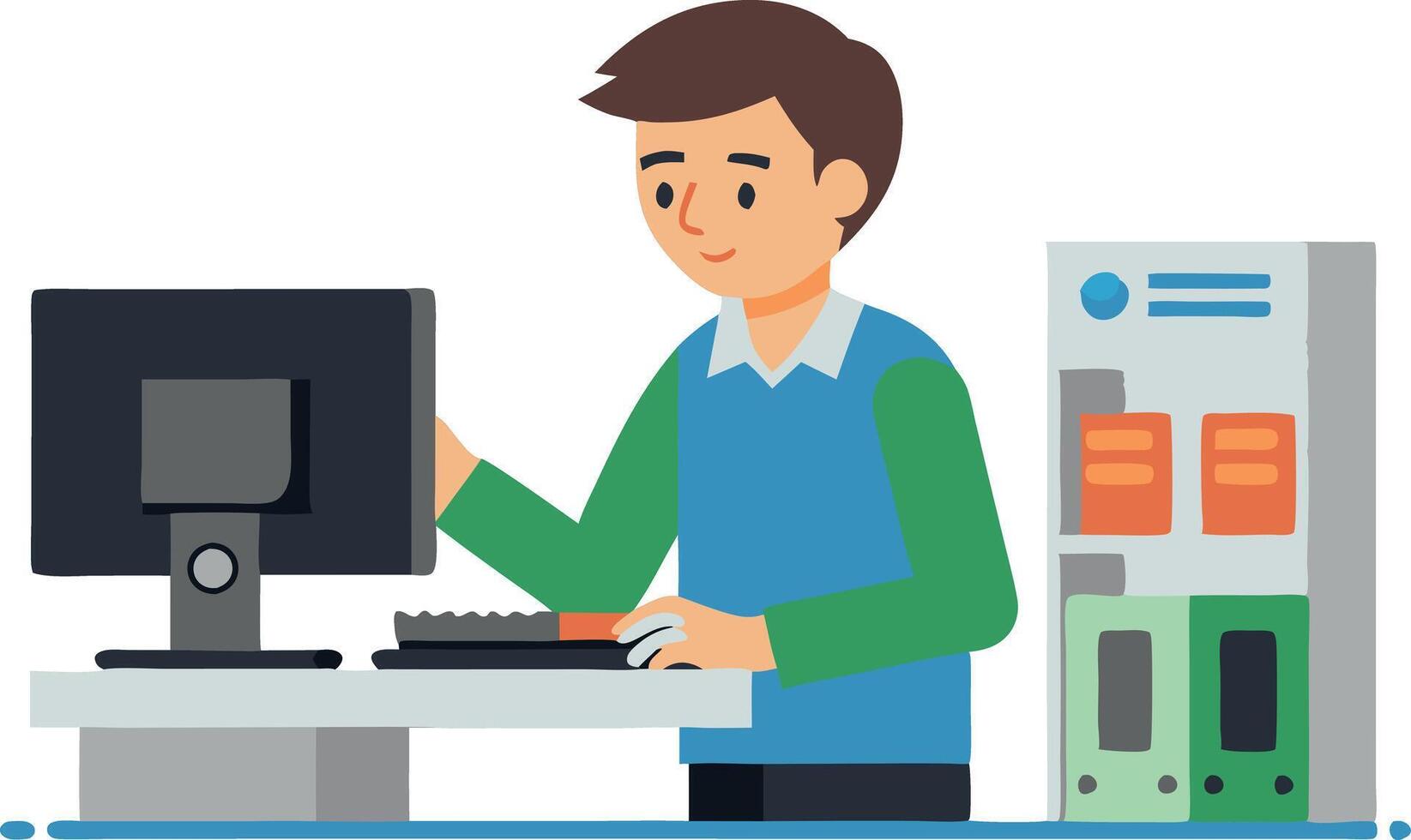 Illustration of a man working on a computer in an office setting with file cabinets vector