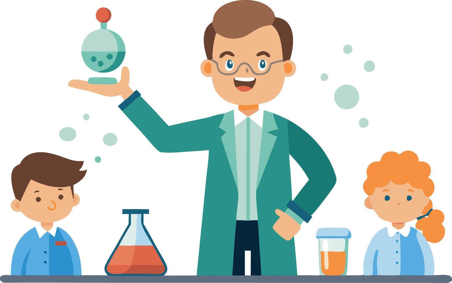 Cartoon scientist with children conducting experiment in lab setting vector
