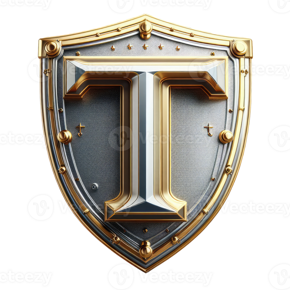 The letter t on a shield with gold and silver png