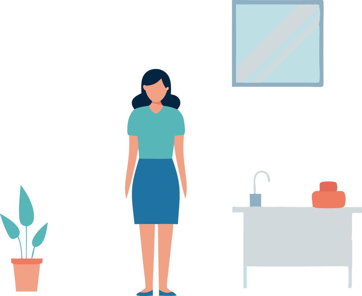 Minimalistic illustration of a woman standing in a modern office or home setting vector