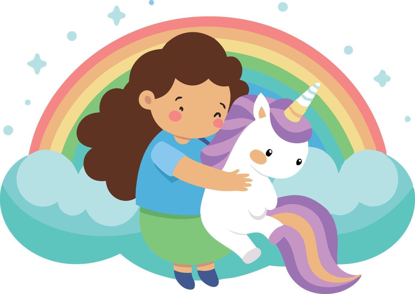 Cute cartoon girl hugging a unicorn with a rainbow background, showcasing fantasy and friendship vector