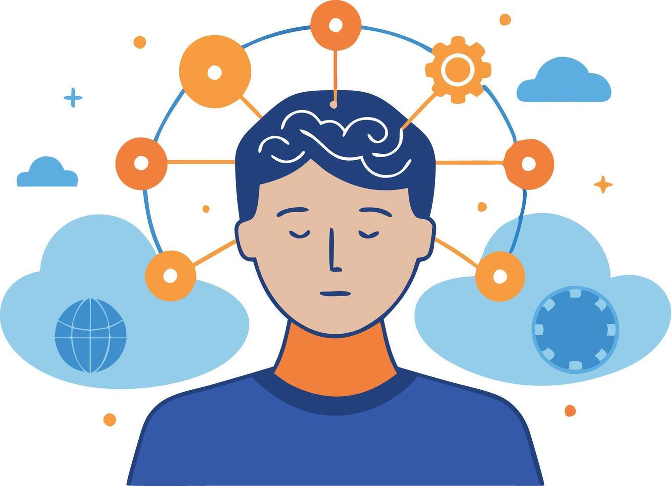 Illustration of a person in deep thought with interconnected concepts and gears vector