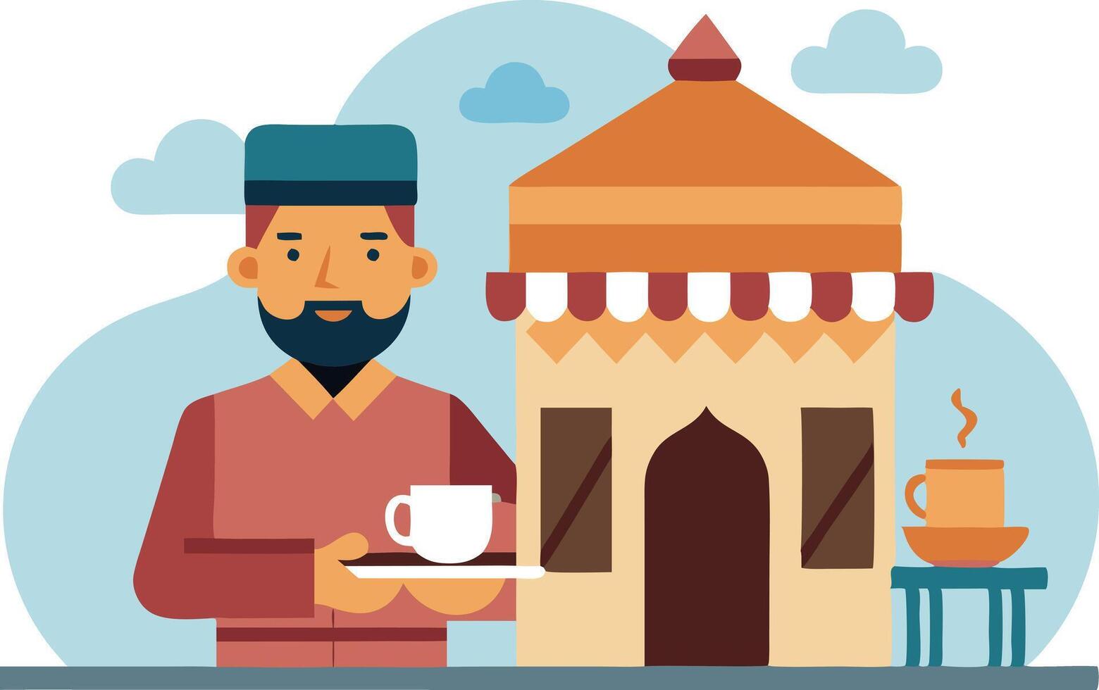 Illustration of man serving coffee in front of traditional cafe building vector