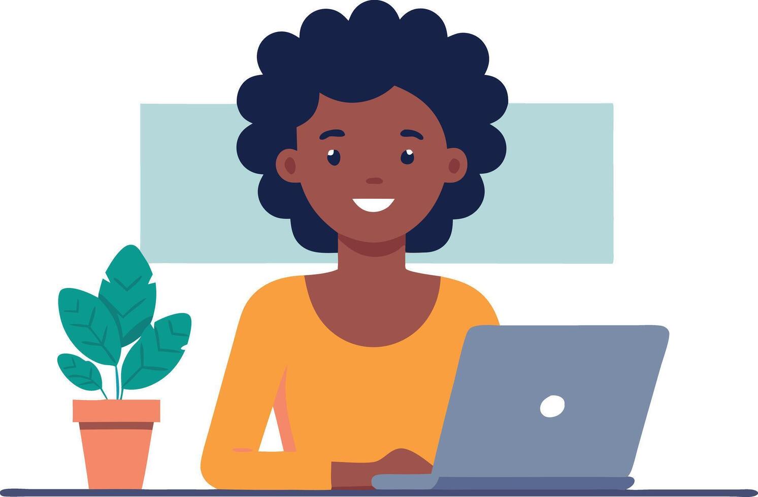 Smiling woman working on laptop at desk with plant, illustration vector