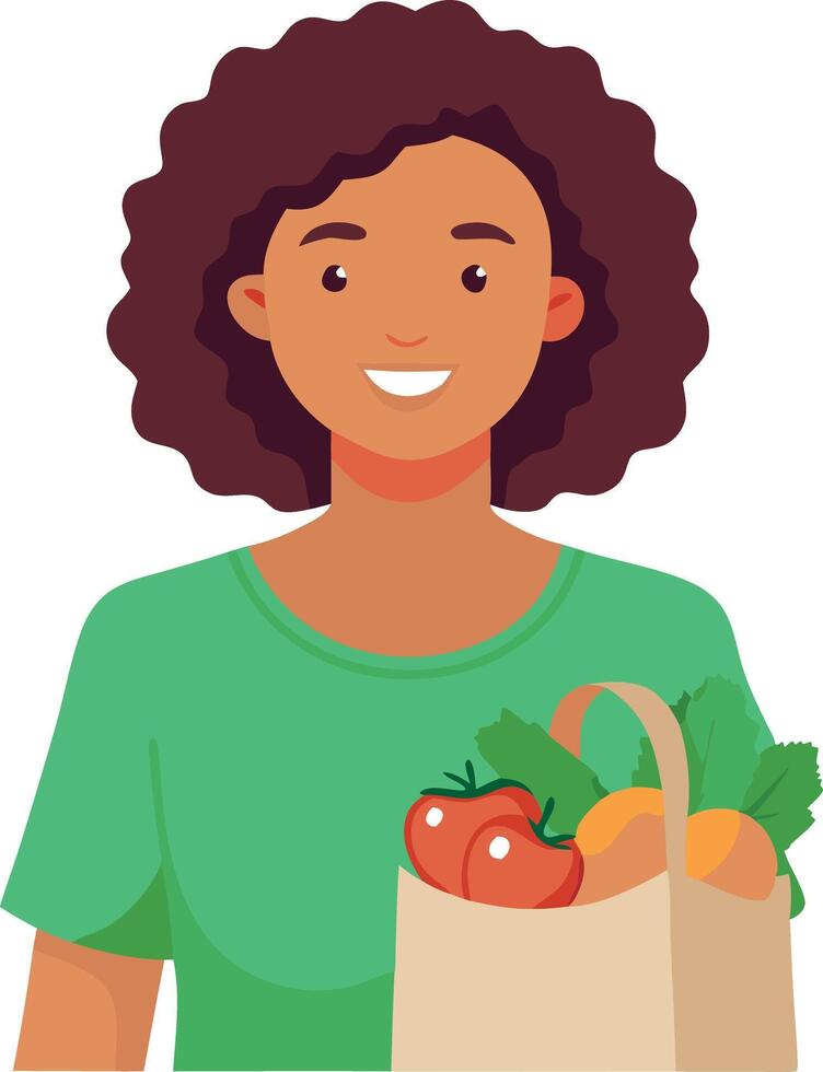 Happy woman with curly hair carrying groceries in a paper bag vector