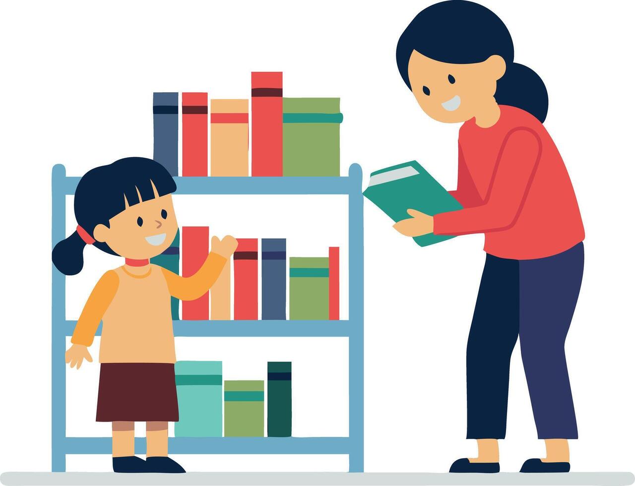 Illustration of a woman and child in a library reading books together vector