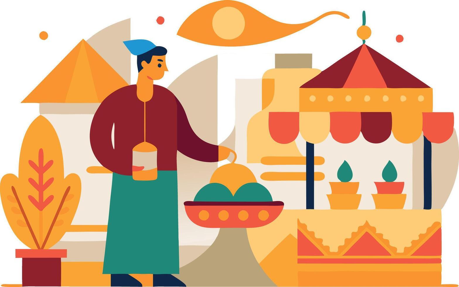 Illustration of a person at a vibrant outdoor market with colorful stalls vector