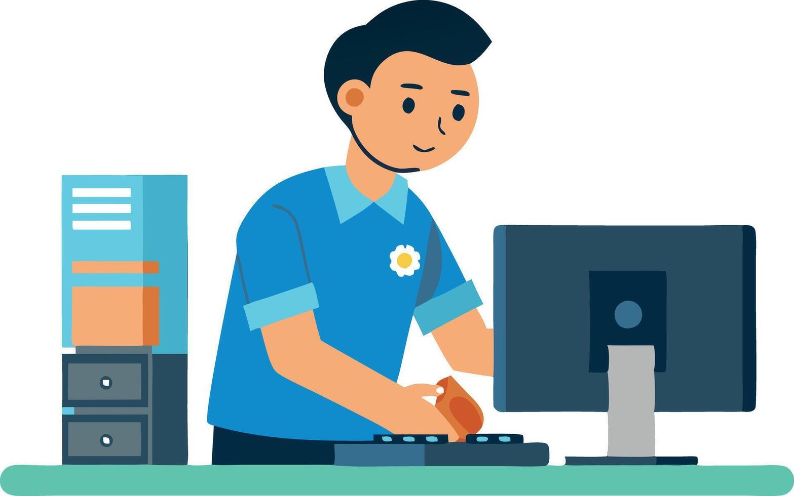 Animated illustration of man working on computer in office setting vector