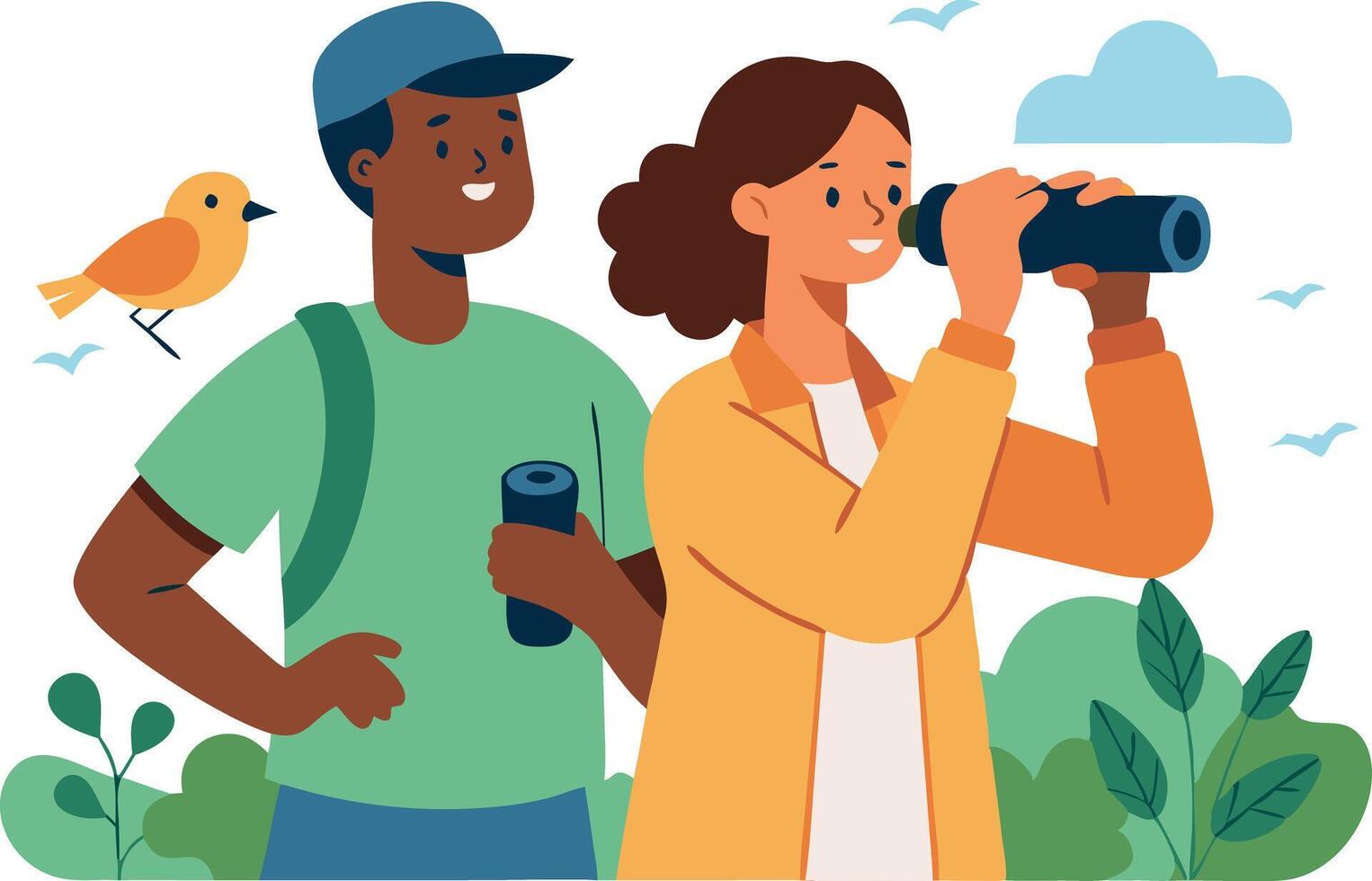 Young couple birdwatching in nature with binoculars, observing birds in the wild vector
