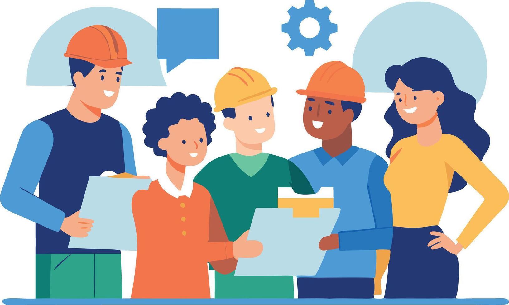 Diverse team of workers collaborating on a project with documents and hard hats vector