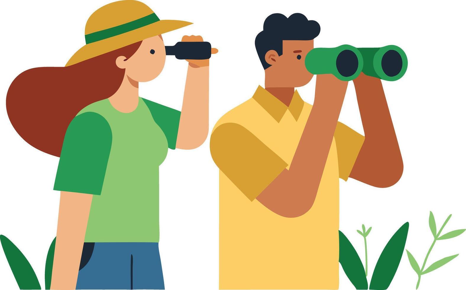 Couple birdwatching using binoculars in nature illustration vector