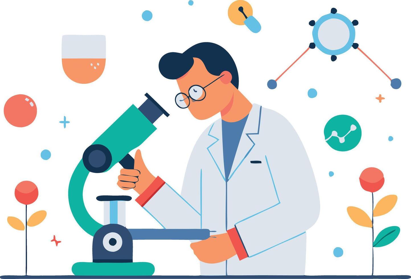 Scientist using microscope for research in laboratory with scientific elements illustration vector