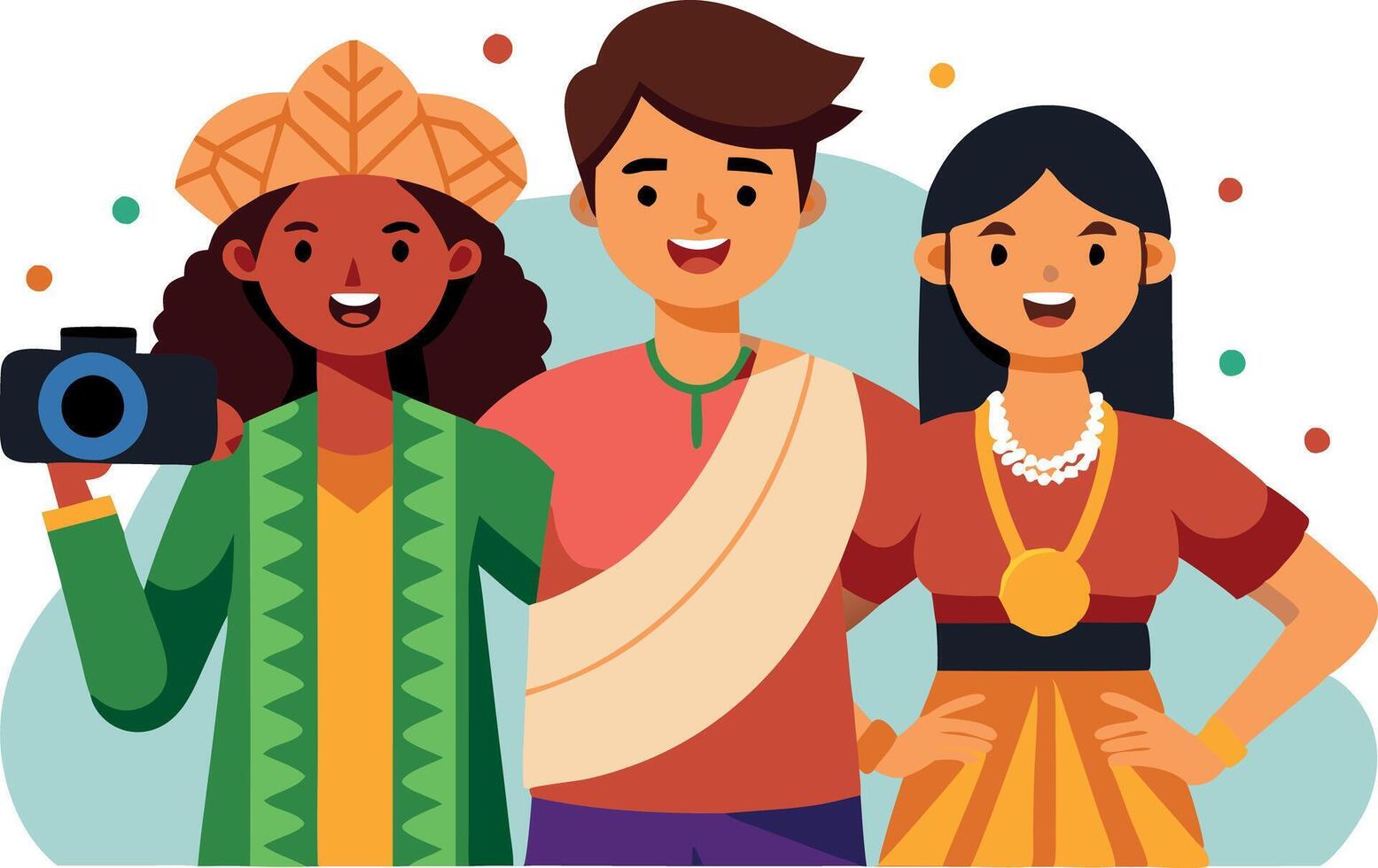 Illustration of happy friends in traditional attire with camera having fun together vector