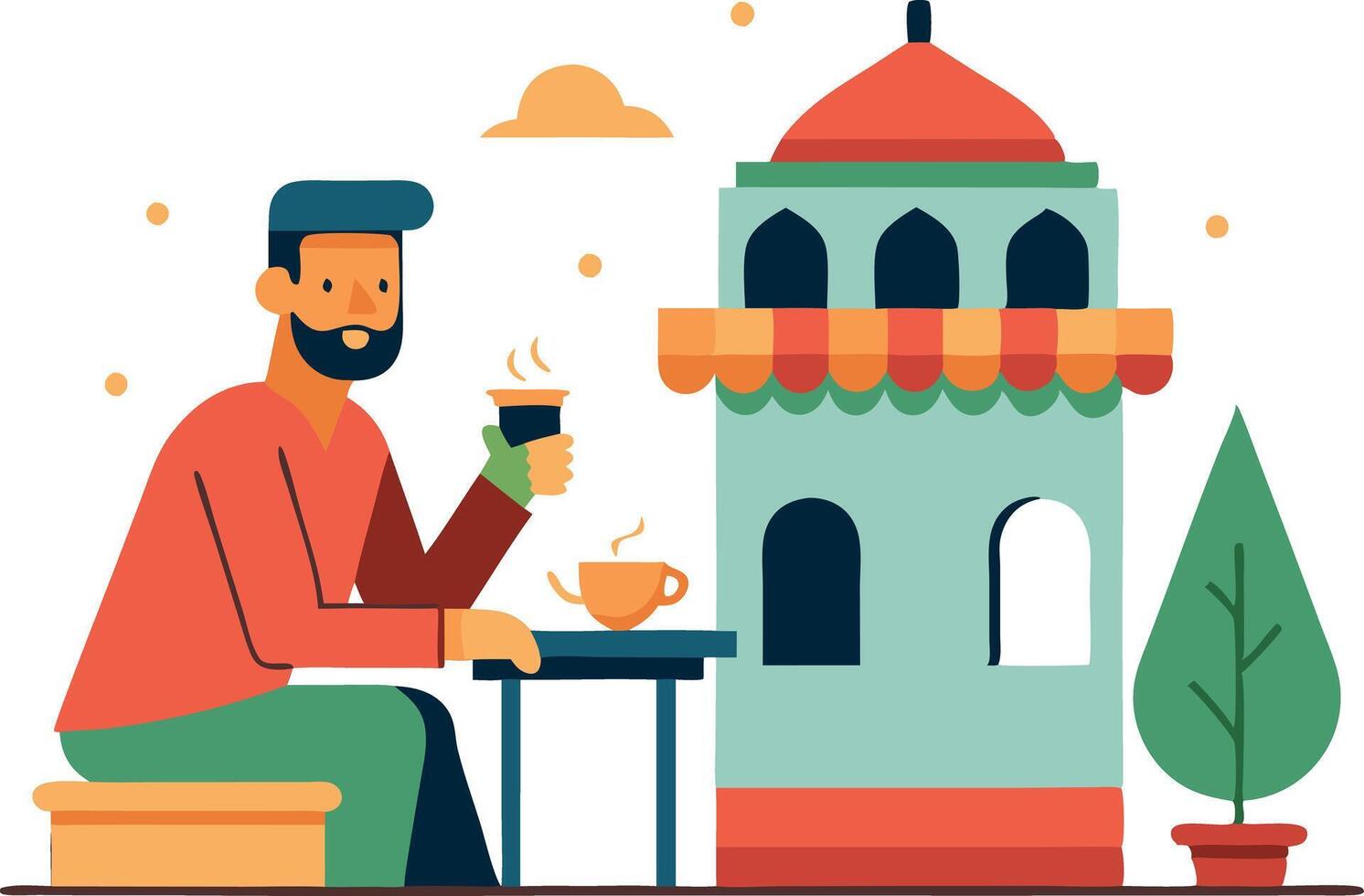 A man enjoying coffee at an outdoor cafe with a colorful building and tree vector