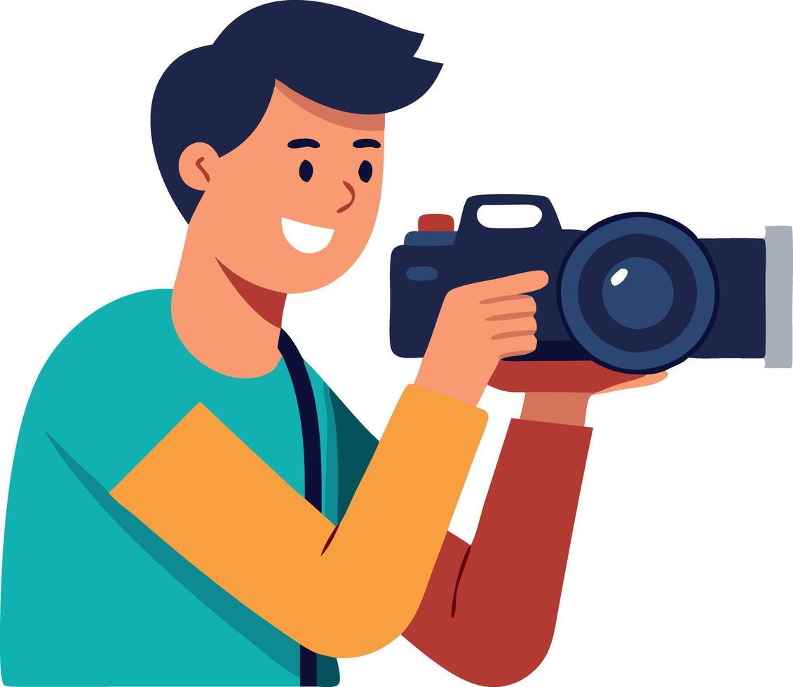 Cartoon illustration of a smiling photographer holding a camera and taking a photo vector