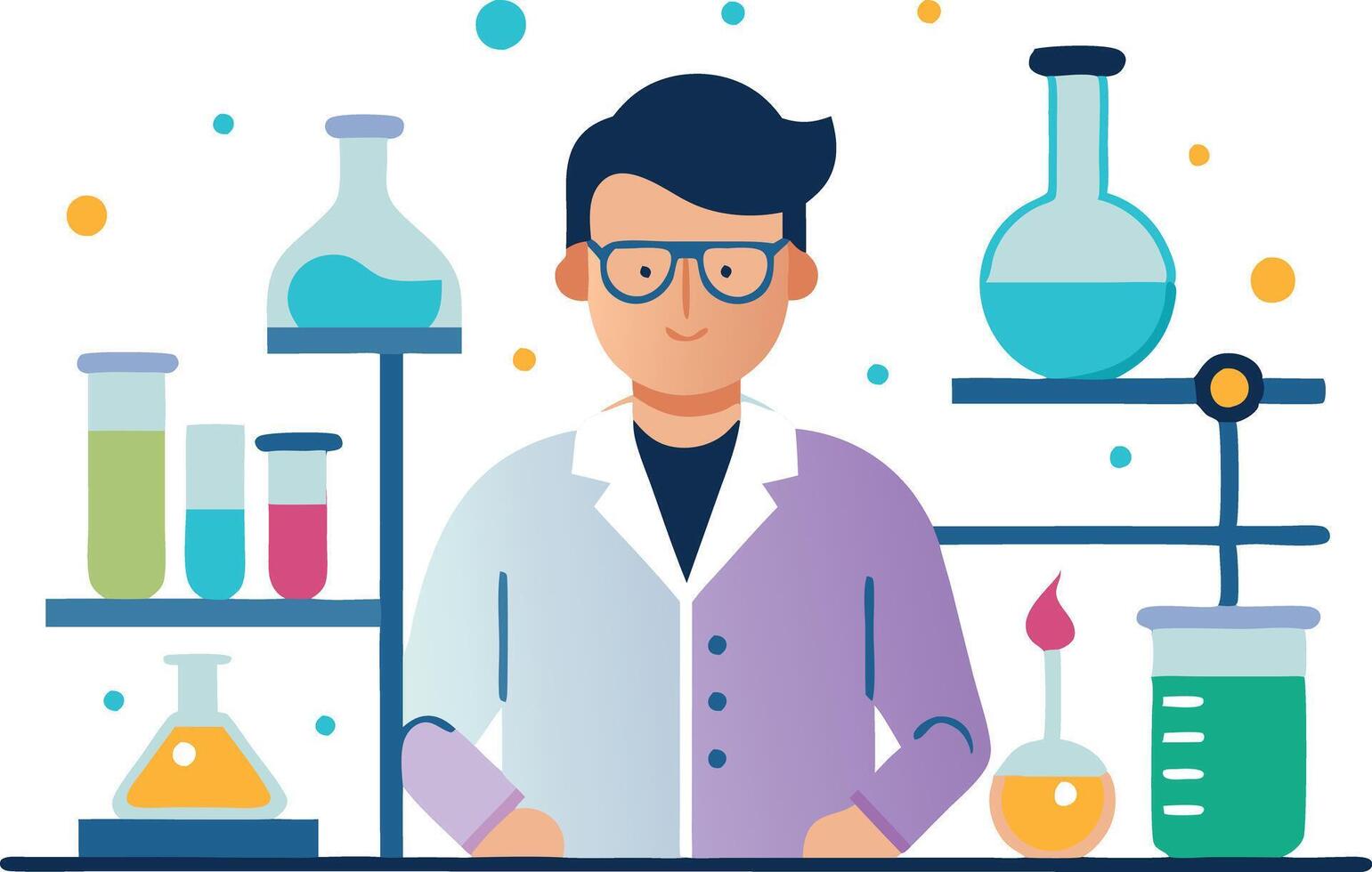Scientist working in a laboratory with various chemical glassware and equipment vector