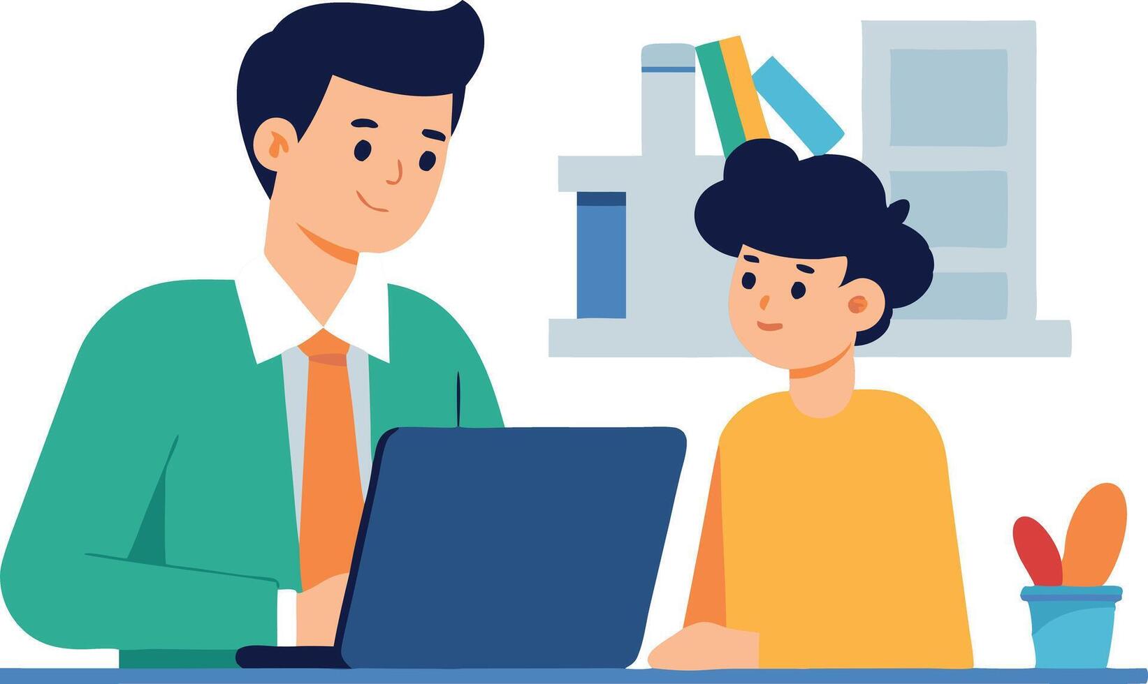 Father and son using laptop for online learning and bonding together at home vector