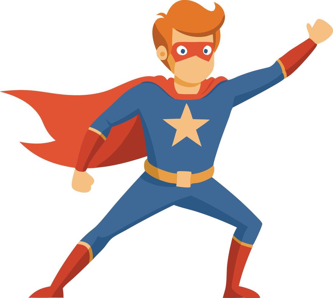 Cartoon superhero in action pose with red cape and blue costume vector