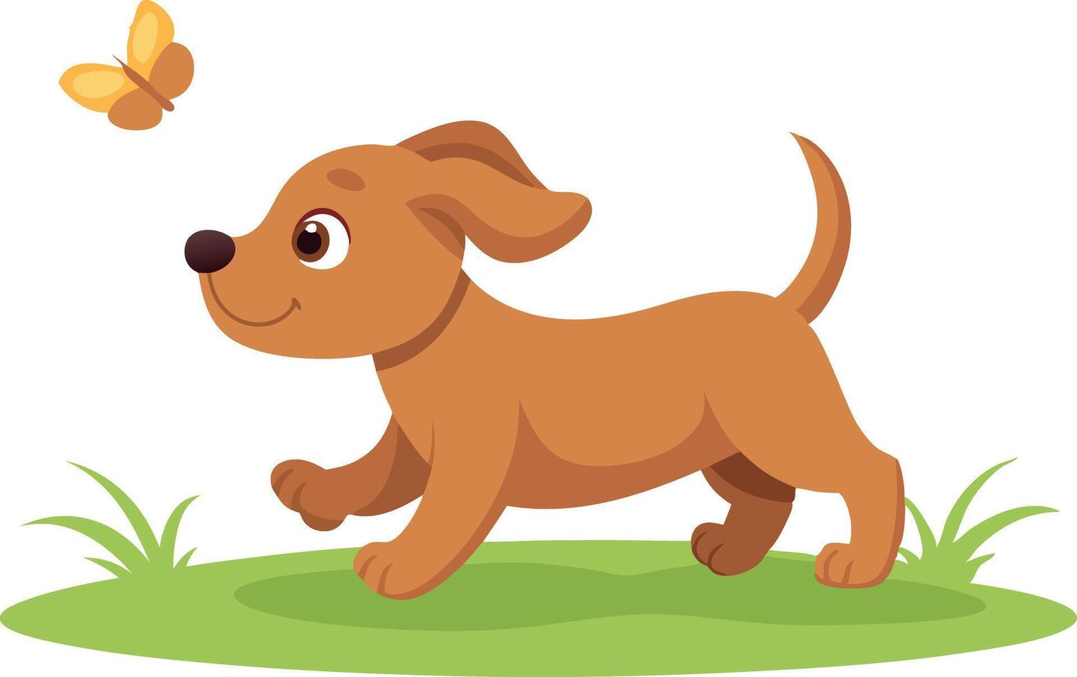 Cute cartoon puppy chasing a butterfly on a grassy field vector