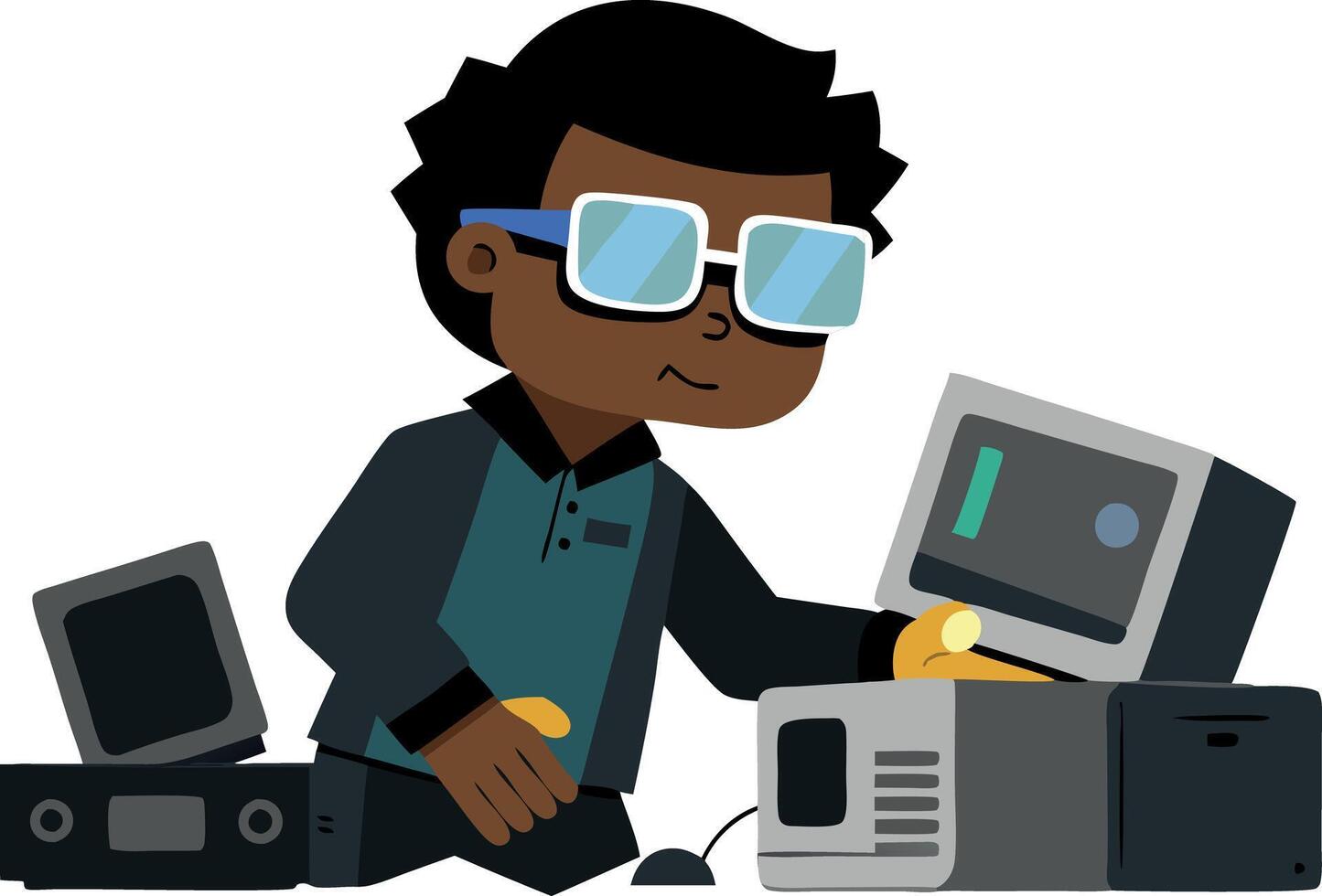 Cartoon illustration of a young programmer working with vintage computers and technology vector