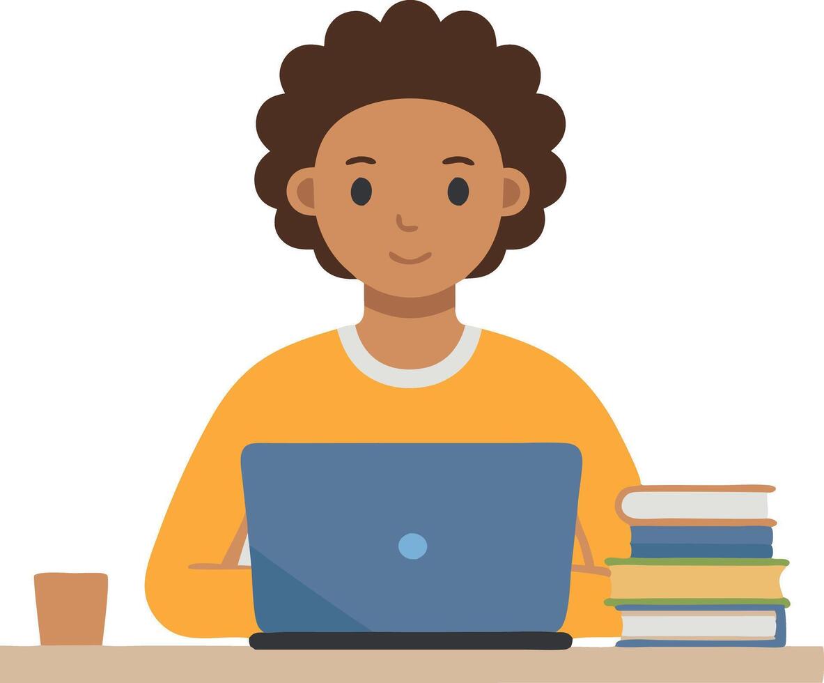 Young person working on a laptop with books and coffee on the desk in flat style vector