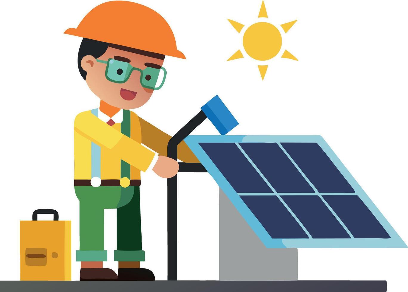 Cartoon engineer inspecting solar panel with sunlight on a white background vector
