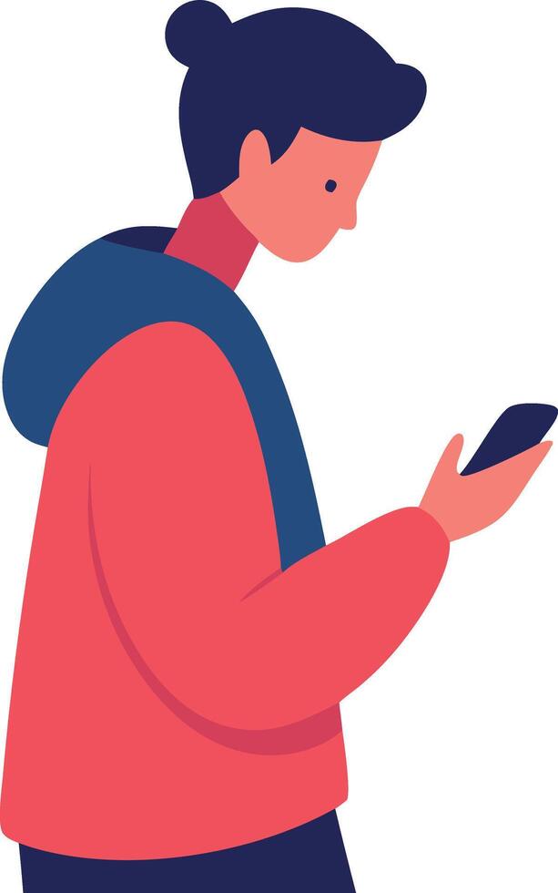 Minimalist illustration of a person in a jacket using a smartphone vector