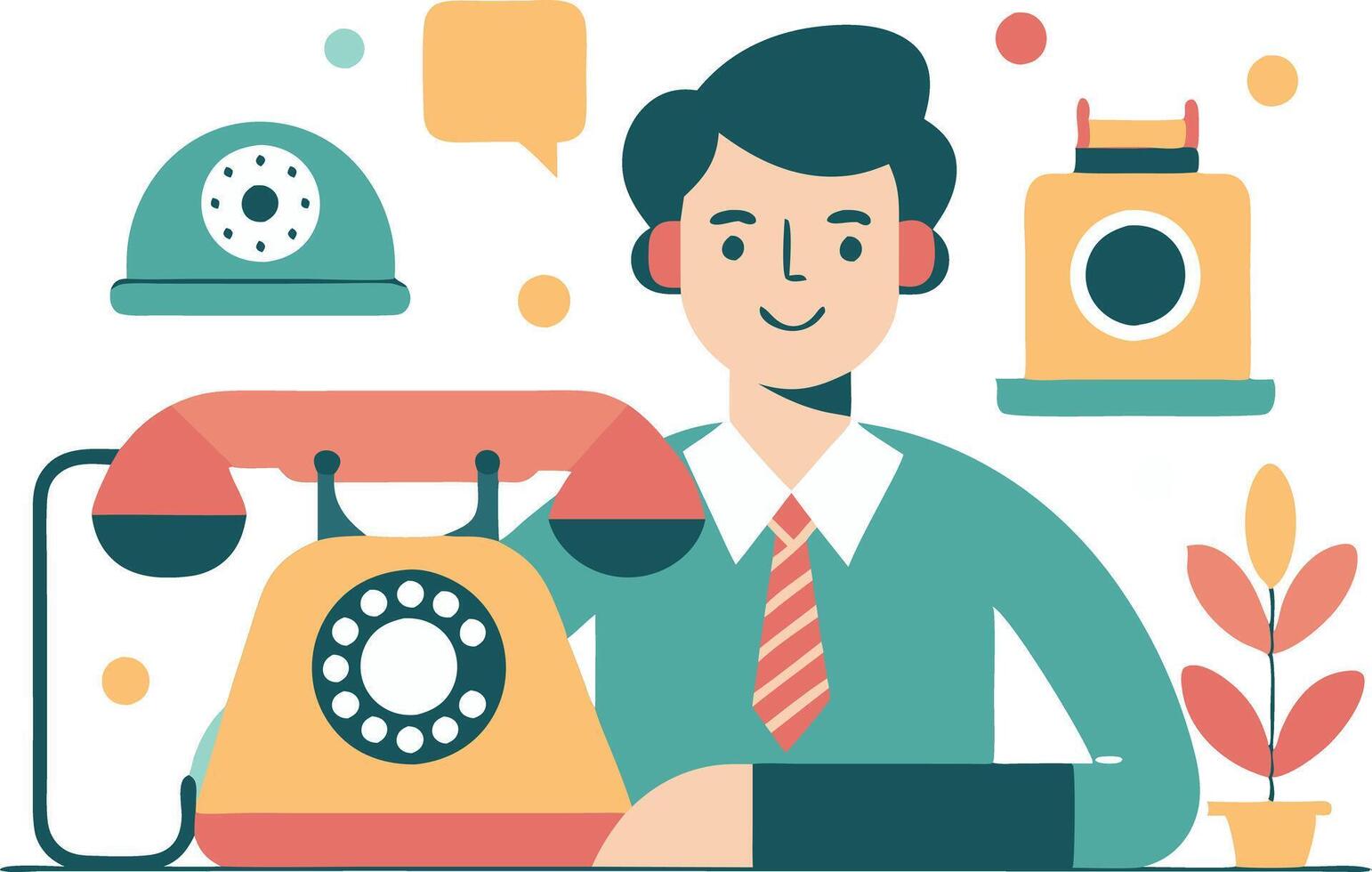 Customer service representative with retro telephone and headset in a modern office illustration vector